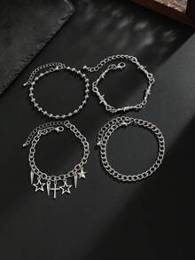 Set de 4 piezas Pulsera de cadena con cuentas y colgantes de estrella de cinco puntas hueca y remaches, estilo punk metálico para hombres - Plateado - Ver 6