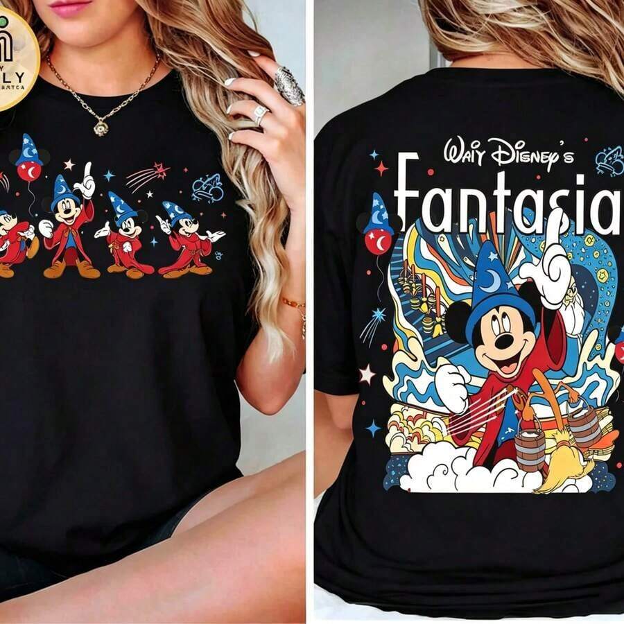Disney 1PC Licensed "Two‑Sided Retro Fantasia Wizard Sorcerer Mickey" Cartoon Printed Oversized T‑Shirt, Short Sleeve Tee For Disney Travel, Vacations & Theme Parks. 2026 New Style, Ideal For Family Outings & Matching Outfits, Unisex For All Ages. High‑Quality Cotton Fabric, Soft & Breathable. Front Multi‑Pose Mickey Print + Back Vibrant Fantasia Wizard Scene Design, Perfect For WDW Trip And Disney Fans. - màu đen - Xem 1