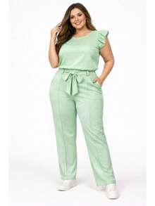 Elegant Plus Size Social Set In  Crepe, Casual Style With Drawstring Pockets, For Office Or Home. - Mint Green - View 6