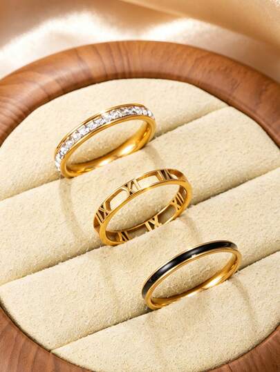 Juego de 3 anillos de mujer de acero inoxidable con números romanos huecos y circonita, elegante y de moda, adecuado para uso diario, citas y regalo de vacaciones