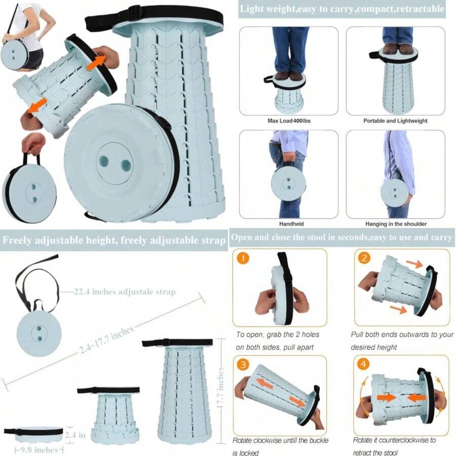 Fishboy - Taburete plegable mejorado peso máximo de 400 libras ligero pero resistente portátil retráctil plegable telescópico plegable para acampar para adultos pesca al aire última - Helado - Ver 1