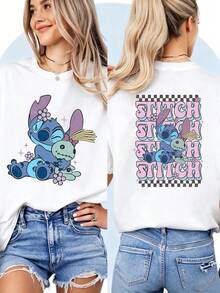 Lilo & Stitch "Retro Checkerboard Stitch" Double-Sided T-ShirtPerfect For Taking Photos At Disneyland, As A Souvenir, Casual Everyday Wear, Or Matching Family Outfits. It's Also An Ideal Valentine's Day Gift For Friends And Family. Unisex, A New Spring Style, Comfortable And Skin-Friendly, Suitable For Outdoor Wear. - 白色 - 查看 1