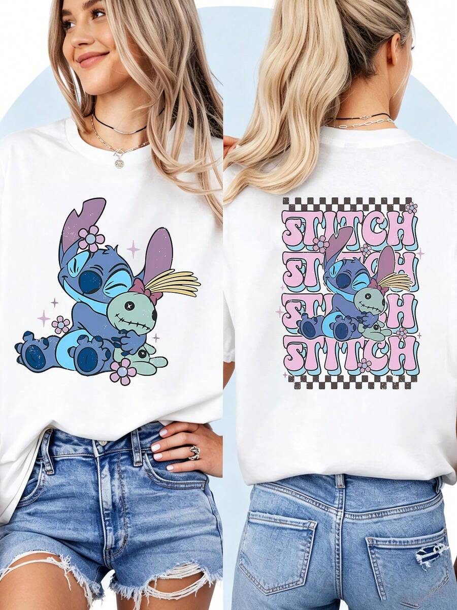 Lilo & Stitch "Retro Checkerboard Stitch" Double-Sided T-ShirtPerfect For Taking Photos At Disneyland, As A Souvenir, Casual Everyday Wear, Or Matching Family Outfits. It's Also An Ideal Valentine's Day Gift For Friends And Family. Unisex, A New Spring Style, Comfortable And Skin-Friendly, Suitable For Outdoor Wear. - 白色 - 查看 1