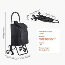 Foldable Shopping Trolley, 450x350x965mm, 6-Wheeled Stair-Climbing Hand Truck, Oxford Fabric Storage Bag, For Shopping, Office, Moving, Transport, Outdoor Use, Laundry, Black - Einkaufsstil Schwarz 110lbs EVA 6 Räder Legierter Stahl - View 7