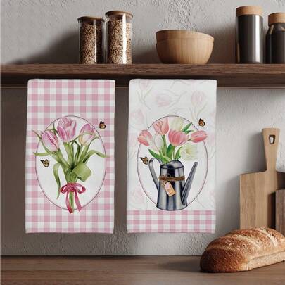 2Pcs/Set, Pink Tulip Bouquet Kitchen Towels, Soft And Absor…