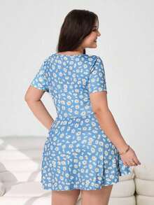 Mono de manga corta con estampado de lunares minimalista y retro para mujer talla, adecuado para el verano - Multicolor 5 - Ver 4