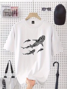 Camiseta masculina casual de manga curta Heren Zomer Set 2026 com estampa gráfica de peixes e baleias - Camiseta de verão respirável, lavável à máquina, presente ideal para homens, estilo descontraído, estampa exclusiva, camiseta durável, blusa estampada, estilo streetwear. - Branco - Ver 6