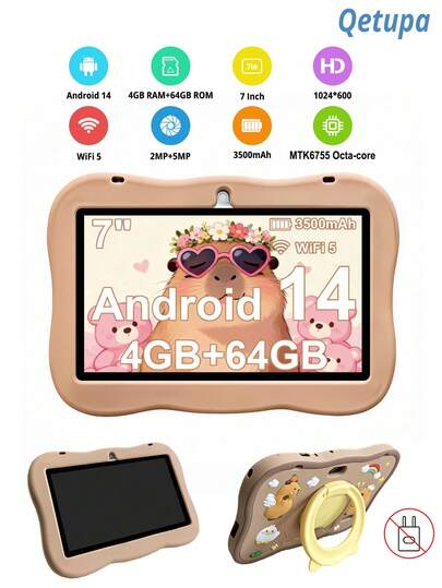 Qetupa Tableta Android 14 para niños de 7 pulgadas, con diseño de capibara, para educación temprana, con funda protectora a prueba de golpes, procesador MTK6755 Octa-Core a 2.0GHz, 4GB RAM + 64GB ROM, pantalla táctil IPS de 1024*600, cámaras duales de 2MP+5MP, batería de 3500mAh, Bluetooth, 802.11ac/WiFi5, regalo ideal para niños y niñas
