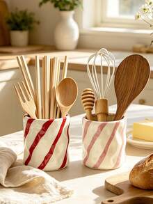 1pc Striped Resin Kitchen Utensil Holder, Bright Red/Pink Diagonal Striped Utensil Holder, Decorative Resin Storage Rack For Spoons, Forks, Whisks, Suitable For Kitchen, Restaurant, Lightweight Resin Material, Adds Cheerful Atmosphere To Cooking Space - Slash Polka Dot Storage - View 8