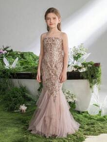 Vestido de fiesta con tirantes de sirena y lentejuelas rosa claro para niña preadolescente, adecuado para fiestas de cumpleaños y ceremonias de niña de las flores - perfecto para Pascua y eventos de primavera - Champán - Ver 5
