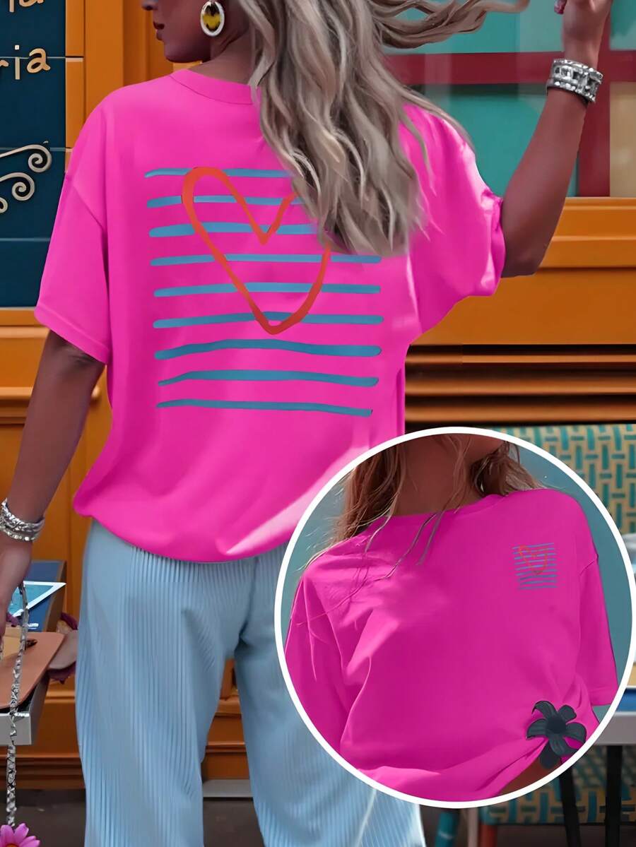 Women's Regular Fit Pink Crew Neck Short Sleeve T-Shirt, Medium Stretch Fabric, Ideal For Casual Wear Summer - Hot Pink - View 1