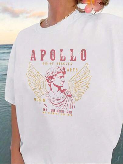 Camiseta Premium con Estampado de Apolo, Dios de las Artes, 100% Pura, para Mujer, con Cuello Redondo, para Ropa Deportiva. Lavable a máquina. Ropa casual cómoda y adecuada para festivales y fiestas - Altamente ecológica