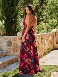 YkhahaKARISMINA Vestido de una pieza con cuello en pico, espalda abierta cruzada y estampado de leopardo para primaveraYkhaha - Rojo - Ver 7