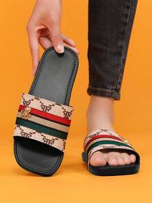 Damen Vintage Luxus Sandalen, rot & grün gestreifte offene Zehen weiche Sohle flache Hausschuhe, Sommer Zuhause Outdoor Strand Freizeitschuhe - Khaki - Übersicht 3