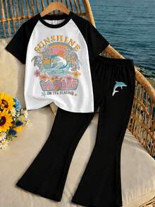 Teen Girl California Beach Print Raglan Short Sleeve T-Shirt & Flare Pants, Y2K Summer Casual Set - Multicolor - View 1