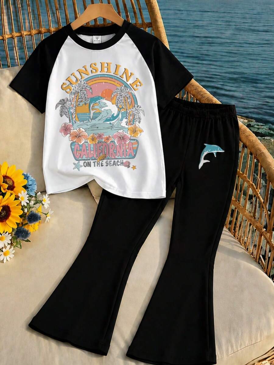 Teen Girl California Beach Print Raglan Short Sleeve T-Shirt & Flare Pants, Y2K Summer Casual Set - Multicolor - View 1