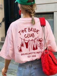 1件女款夏季寬鬆休閒短袖T恤，Bride Club裝飾蝴蝶結The Bride Club英文印花圖案粉色上衣 - 粉色 - 查看 2