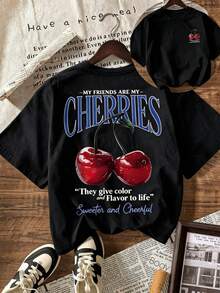 Women's Plus Size Short-Sleeved T-Shirt With Round Neck, Cherry Print, Ideal For Summer Beach Holidays, White. - 黑色 - 查看 1
