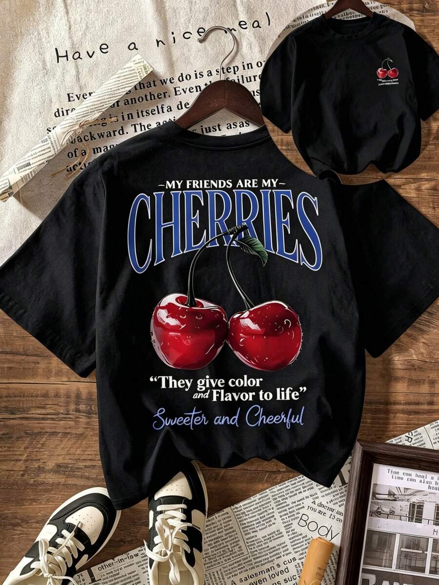 Women's Plus Size Short-Sleeved T-Shirt With Round Neck, Cherry Print, Ideal For Summer Beach Holidays, White. - 黑色 - 查看 1