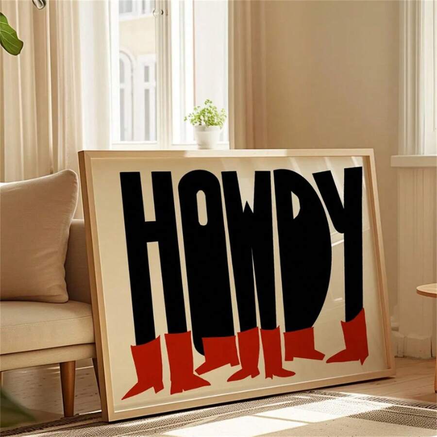 1件 Howdy 牛仔靴印花 | 西部主題牆面藝術，走廊臥室裝飾 | 歡迎標誌 | 女牛仔 Cowboycore | Hello 海報 | 玄關、牆面藝術、牆面裝飾、現代極簡風格海報、客廳與房間裝飾、理想禮物、無框 - 無框 - 查看 1