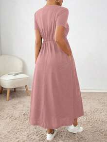 Vestido midi con cordón en la cintura, bolsillo lateral, ropa de regreso a la escuela, ropa de mujer para otoño, atuendos de maestra, vestido de despedida de soltera, vestidos casuales de mujer, vestidos midi de mujer, vestidos de trabajo de mujer, vestidos de otoño para mujer, vestidos maxi de mujer, disfraz de Halloween, vestido casual de negocios, vestidos de verano para mujer - Rosa - Ver 2