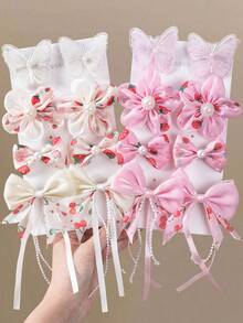 8/8/16pcs Girls Multicolor Tulle Chiffon Fabric Faux Pearl Flower Hair Clips Bow Tassel Ribbon Hair Accessories Headwear Top Clip Back Clip Side Clip Alligator Hair Clip For Daily Use - Multicolor - View 1
