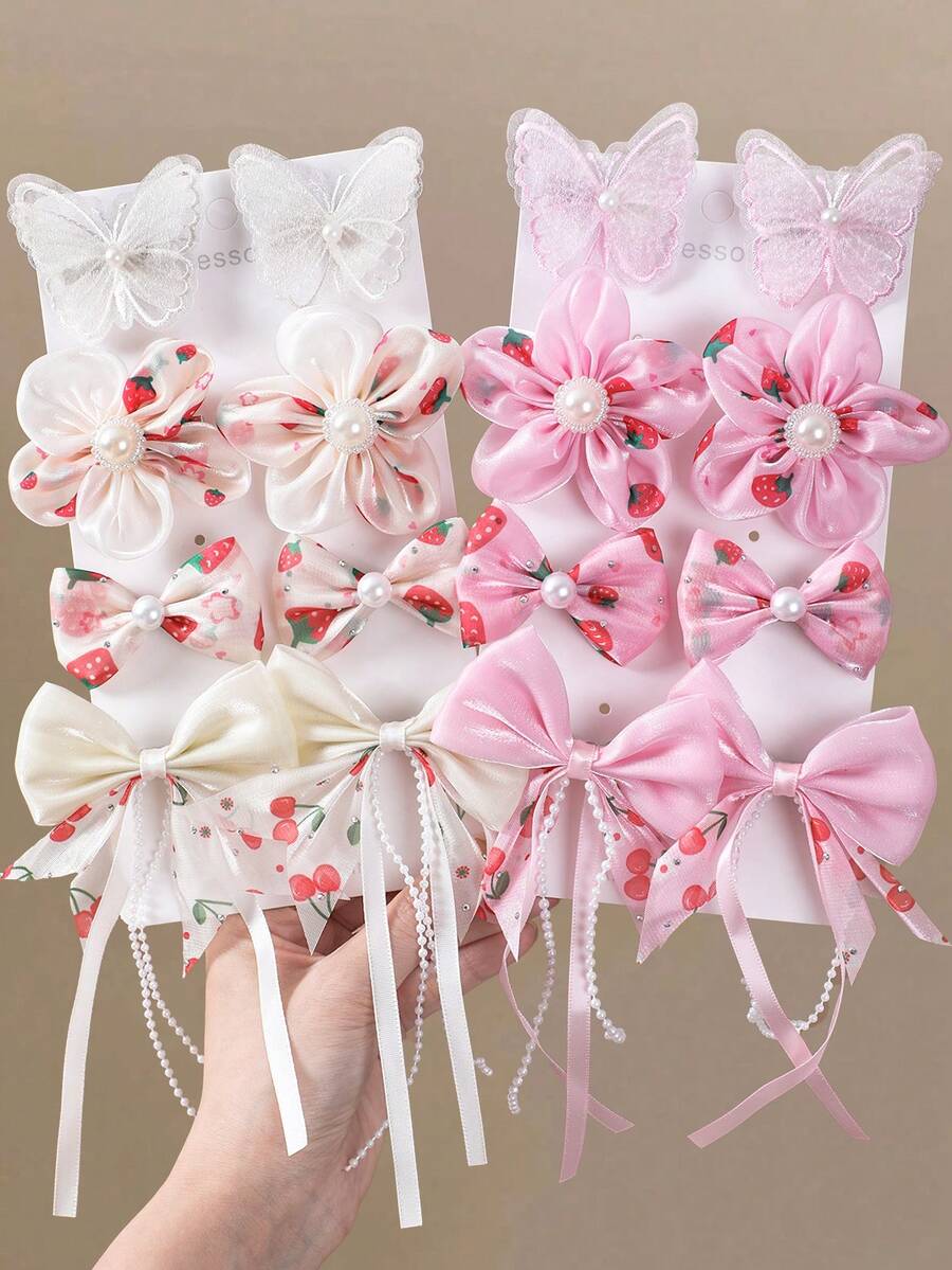 8/8/16pcs Girls Multicolor Tulle Chiffon Fabric Faux Pearl Flower Hair Clips Bow Tassel Ribbon Hair Accessories Headwear Top Clip Back Clip Side Clip Alligator Hair Clip For Daily Use - Multicolor - View 1