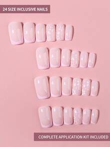 Bộ 24 móng tay giả vuông kiểu Pháp, móng giả acrylic họa tiết hoa, bao gồm 1 gel dán và 1 dũa móng. - Hồng - Xem 2