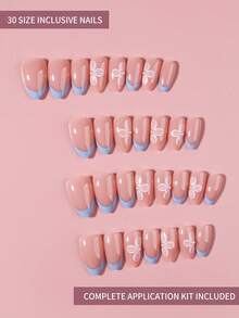 30pcs Short Almond-Shaped French Flower Press-On Fake Nails With Small Pearl Decor, Ideal Acrylic Artificial Nails Set. Includes: 1pc Jelly Gel And 1pc Nail File. - Multicolor - View 4