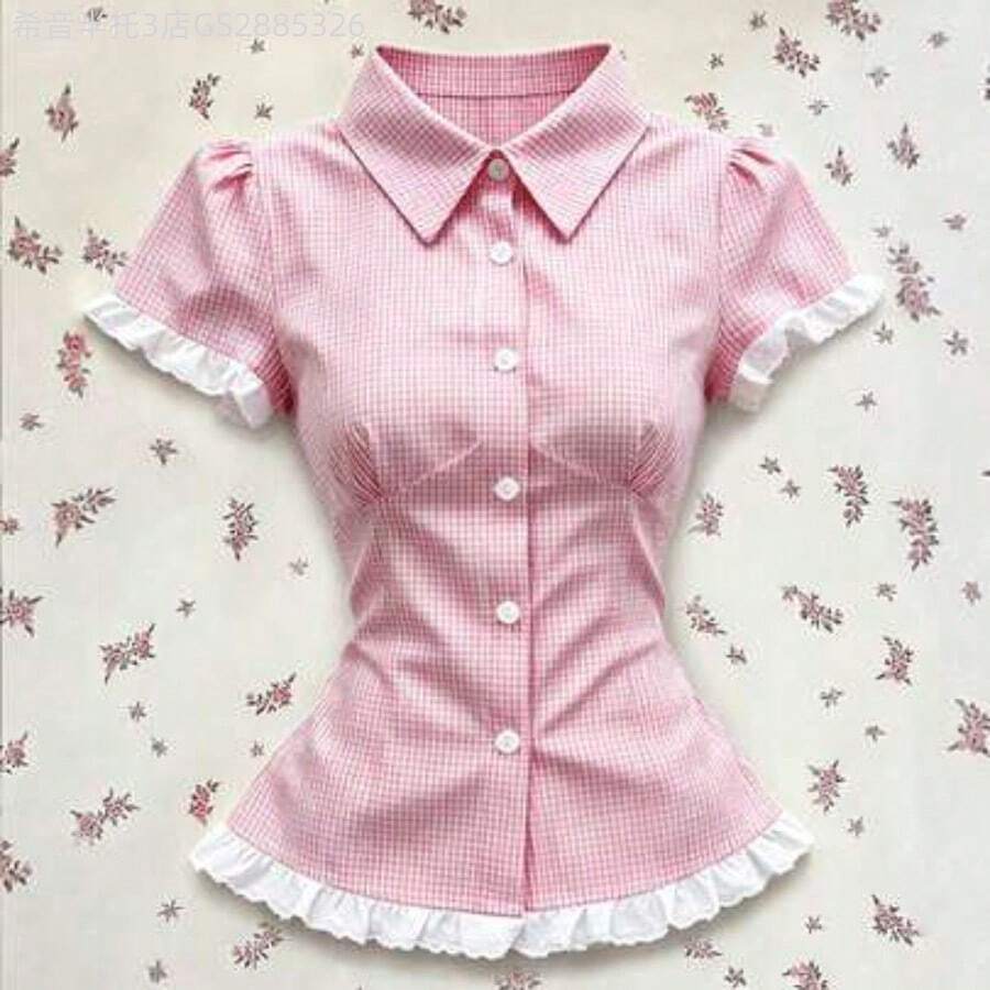Yunuo Menswear Blusa de manga corta con cuello de encaje a contraste, de estilo casual/laboral/fiesta/vacaciones, en cuadros azules, para mujer. Camisa a cuadros con volantes, ropa retro para mujer, camisa casual de negocios. Camisa de botones a rayas blanca y negra, camisa de trabajo para mujer. Blusas y tops para mujer, ropa de trabajo. Camisa de manga abullonada, blusa de trabajo. Blusa de vestir formal, camisas de verano elegantes y clásicas con rayas para mujer. - Rosa - Ver 1