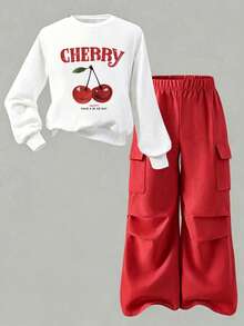 Young Girl Crew Neck Letter Cherry Sweatshirt And Sweatpants Casual Daily Outfit Set - Red - View 3
