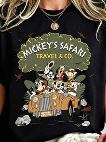 Disney Women's T-Shirt  1PC Licensed "Vintage Jungle‑Themed Mickey & Friends Riding Safari  Animal Kingdom" Cartoon Printed Oversized T‑Shirt, Short Sleeve Tee For Disney Travel, Vacations & Birthday Celebrations. 2026 New Style, Ideal For Family Matching Outfits & Birthday Gifts, Unisex For All Ages. High‑Quality Cotton Fabric, Soft & Breathable. Retro Safari  Design With Tropical Leaves, Flamingos And Birds, Perfect For Animal Kingdom‑Themed Disney Vacation Trips. - Black - View 6