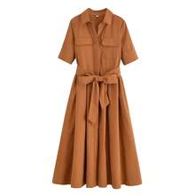 Vestido de mujer con efecto adelgazante, diseño versátil, informal, nuevo estilo, manga corta, hasta el tobillo, cuello tipo de fibra de poliéster - Caqui - Ver 3