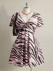 Vestido de manga corta con estampado de cebra, corte slim, tallas grandes, adecuado para el verano, vuelta al colegio, baile de graduación y otras ocasiones. - Multicolor - Ver 1