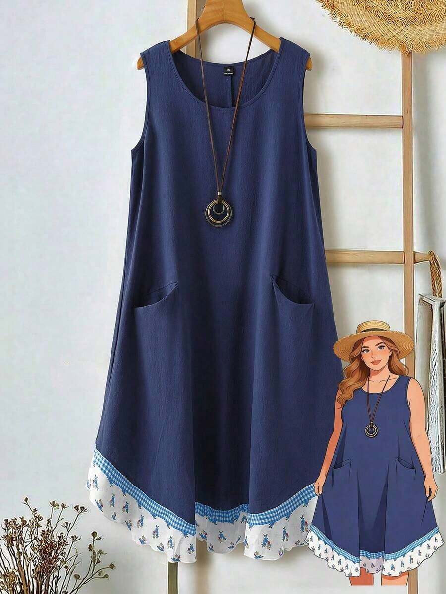 EMERY Vestido de verano casual de talla para mujer, de color verde militar sólido, sin mangas, con volantes en el bajo y parches de encaje en la espalda - Azul - Ver 1