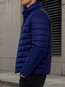 Men's HPC Polo Fleece Puffer Jacket, Warm, Casual, Basic, No Hood, Youthful And Modern Style, Ideal For Winter Or Cold Weather - 藏蓝色 - 查看 3