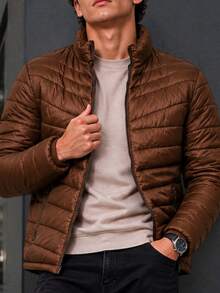 Men's HPC Polo Fleece Puffer Jacket, Warm, Casual, Basic, No Hood, Youthful And Modern Style, Ideal For Winter Or Cold Weather - 棕色 - 查看 4
