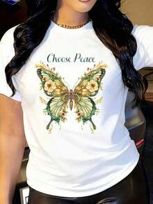 'Choose Peace' T-Shirt, Botanical Butterfly, Inspirational T-Shirt For Women, 100% Cotton, Bohemian Style - 白色 - 查看 1