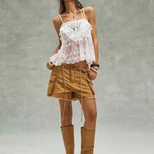 Camiseta sin tirantes de unicolor con volantes tejidos para mujer, estilo casual boho para vacaciones, San Valentín, festivales de música - Albaricoque - Ver 3