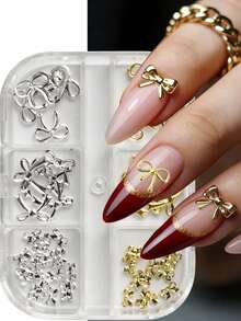 6pcs 3D Bow Nail Art Decorations, Gold & Silver Hollow And Solid Bow Nail Accessories, Multi-Size Metal Ribbon Nail Decor Suitable For Wedding, Valentine's Day, Graduation Ceremony And Daily Wear Nail Charms - Multicolor - View 1