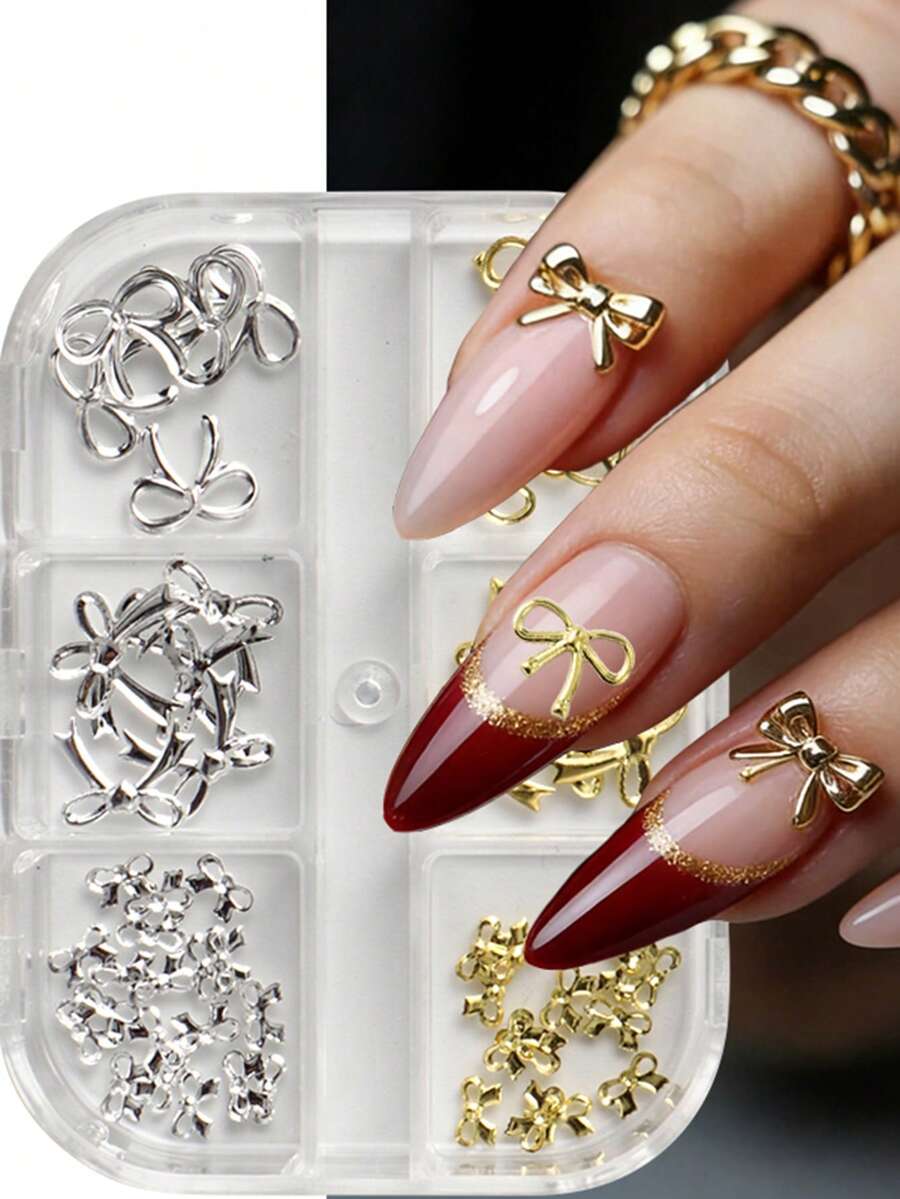 6pcs 3D Bow Nail Art Decorations, Gold & Silver Hollow And Solid Bow Nail Accessories, Multi-Size Metal Ribbon Nail Decor Suitable For Wedding, Valentine's Day, Graduation Ceremony And Daily Wear Nail Charms - Multicolor - View 1