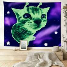 Cat Green Minimalist Design Tapestry, Aestheticism, Bedroom Decor, Suitable For Various Festivals, Perfect Tapestry Gift, Living Room Bedroom Office Home Decor Wall Hanging, High-Quality Printed Tapestry, Perfect Gift - 1PC - View 2