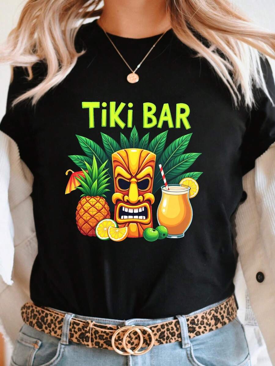 Short-Sleeved T-Shirt With Round Neck And Tropical Tiki Bar Print, Casual Spring/Summer Clothing, Women's Design - Unisex Loose Cotton Short-Sleeved T-Shirt With Round Neck Urban Vintage Style. - 黑色 - 查看 1