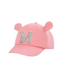 1 pieza Gorra de béisbol con orejas de oso lindo para niñas pequeñas con decoración de 26 letras, perlas y strass, protección solar, para 1-3 años, uso al aire libre y diario - Rosa - Ver 9