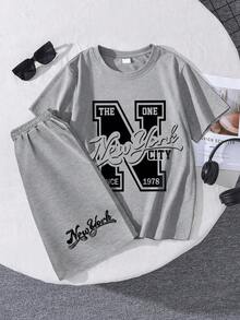 2pcs/Set Teenager Boys' Casual Funny English Letter Print Round Neck Short Sleeve T-Shirt And Shorts Set, Summer - Grey - View 3
