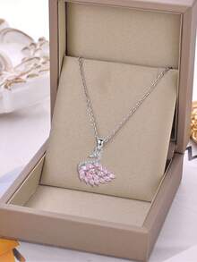 1pc Elegant Pink Cubic Zirconia Inlaid Animal Pendant Necklace, Ideal Gift For Date - Silver - View 2