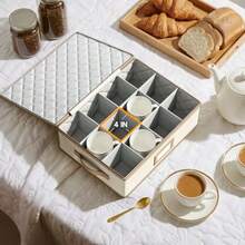 Caja para tazas con ribete cuero organizador tazas café apilable carcasa dura con divisores contenedores para tazas con tapa asas y cierre - Beis - Ver 7