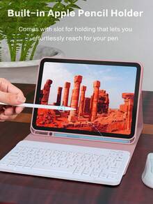 可拆卸式無線藍牙鍵盤保護殼附筆槽，適用於 iPad Air 5代 2022/Air 4代 2020/Air 6(M2) 2024/Air 7(M3) 2025/Air 8(M4) 2026、9.7"、7/8/9代 10.2"、11(A16) 10代、Pro 11 1/2/3/4代，粉紅色 - 粉色 - 查看 4