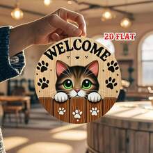Placa de Metal Plana 2D - Alumínio, com Design Fofo de Gato, Diâmetro de 7,8 Polegadas. Esta peça de arte de parede em estilo rústico é perfeita para decorar sua casa, garagem, área de jantar ou café. - A - Visão 8