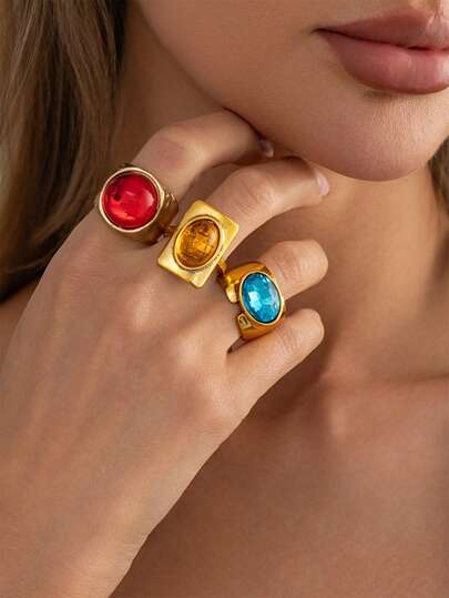 Juego de 3 anillos vintage geométricos de piedras preciosas coloridas, adecuado para uso diario de mujeres, citas, fiestas, regalo para novia, madre, amigas